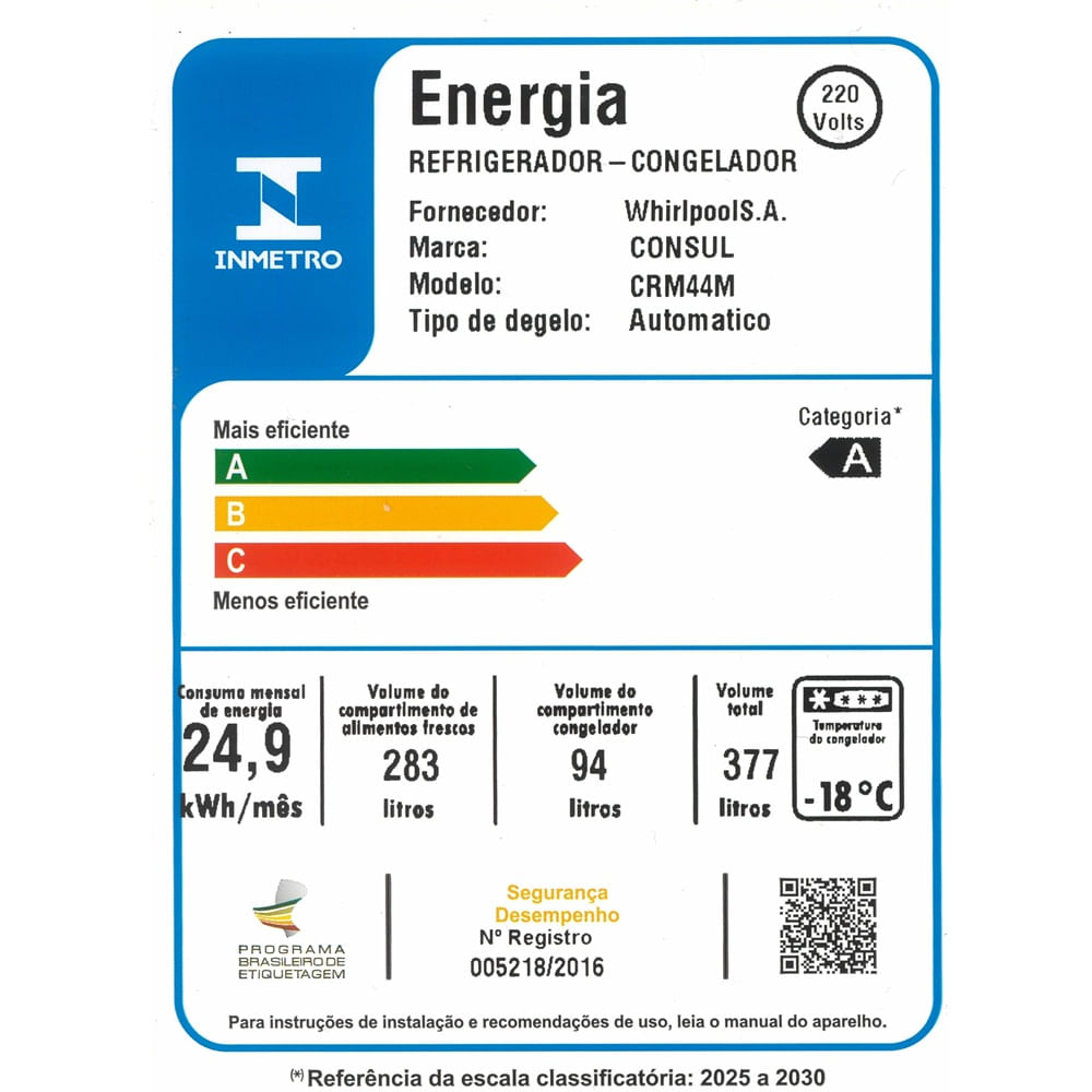 Refrigerador Consul 377 Litros Frost Free Inox CRM44MK - 220 Volts